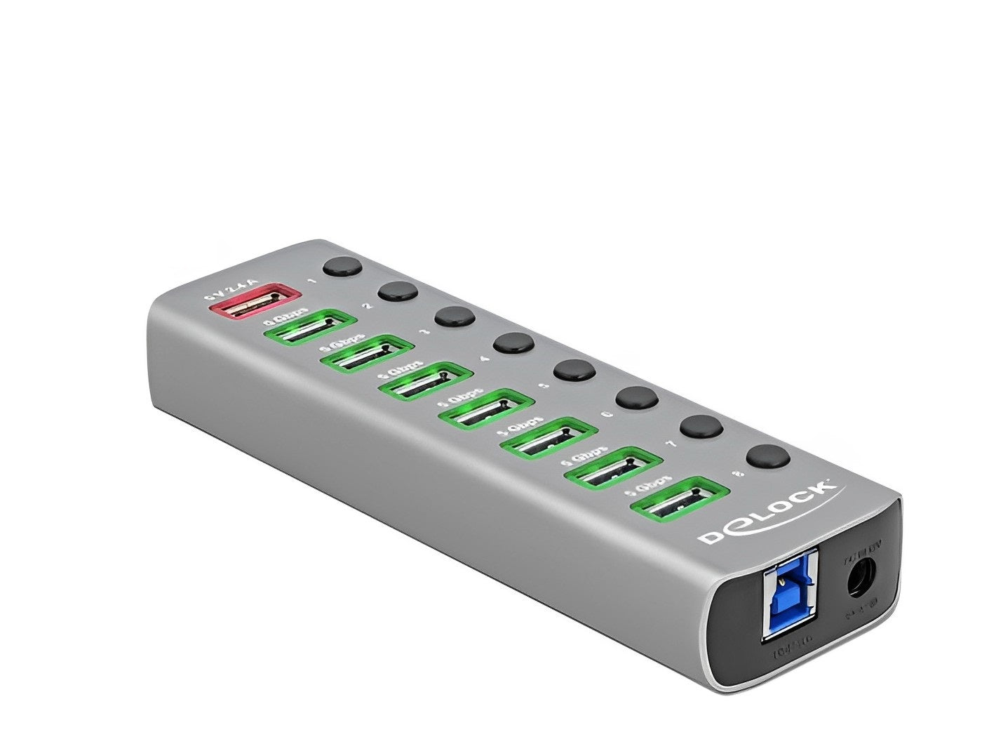 מפצל USB 3.2 5Gbps אקטיבי עם 7 יציאות USB-A + שקעים טעינה USB 5 V / 12 V - delock.israel