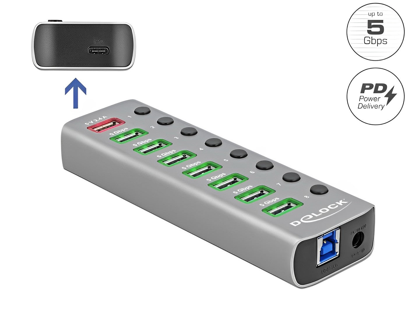 מפצל USB 3.2 5Gbps אקטיבי עם 7 יציאות USB-A + שקעים טעינה USB 5 V / 12 V - delock.israel