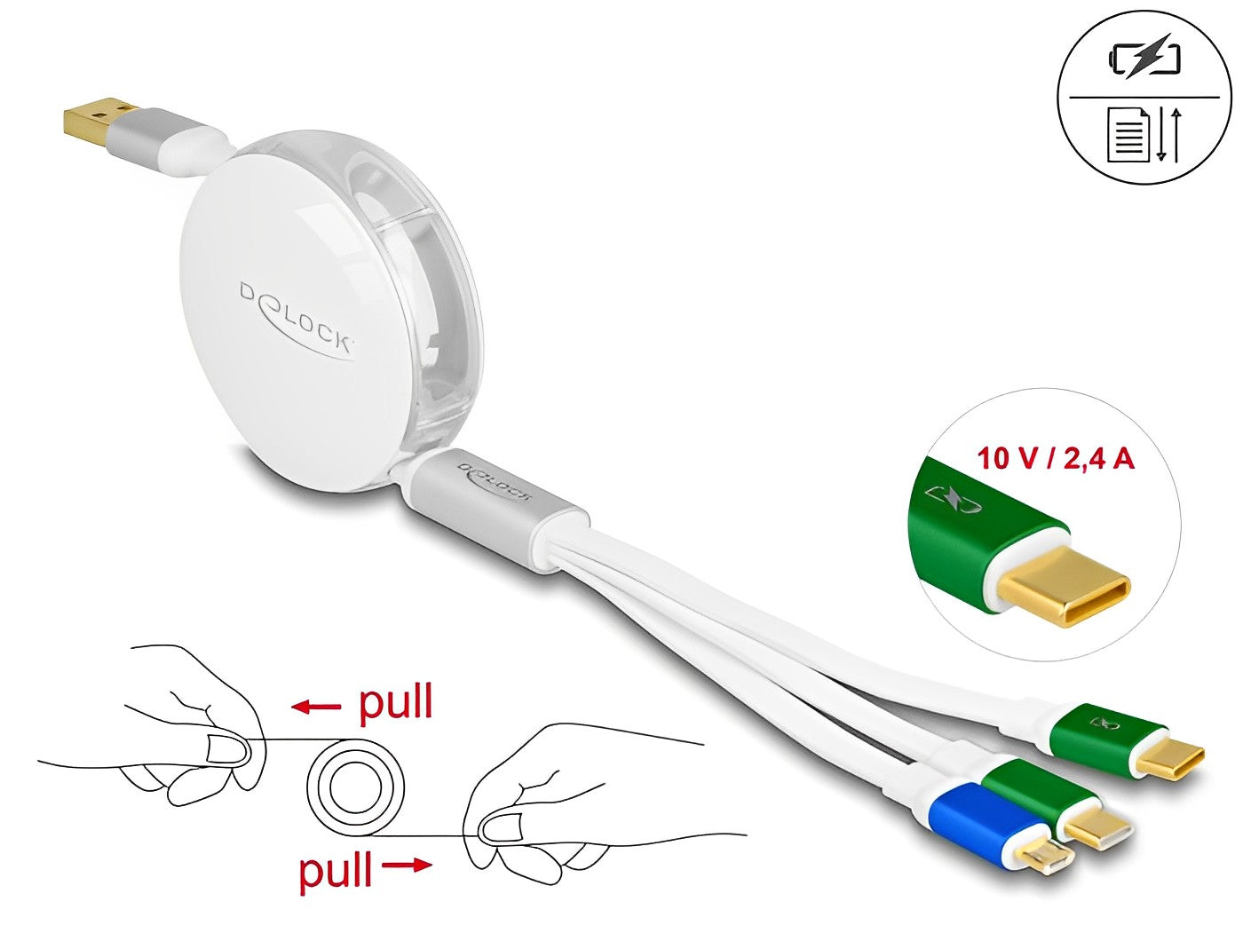 כבל טעינה ונתונים נמתח תקע USB-A לתקע מיקרו USB-C x 2 + USB - delock.israel