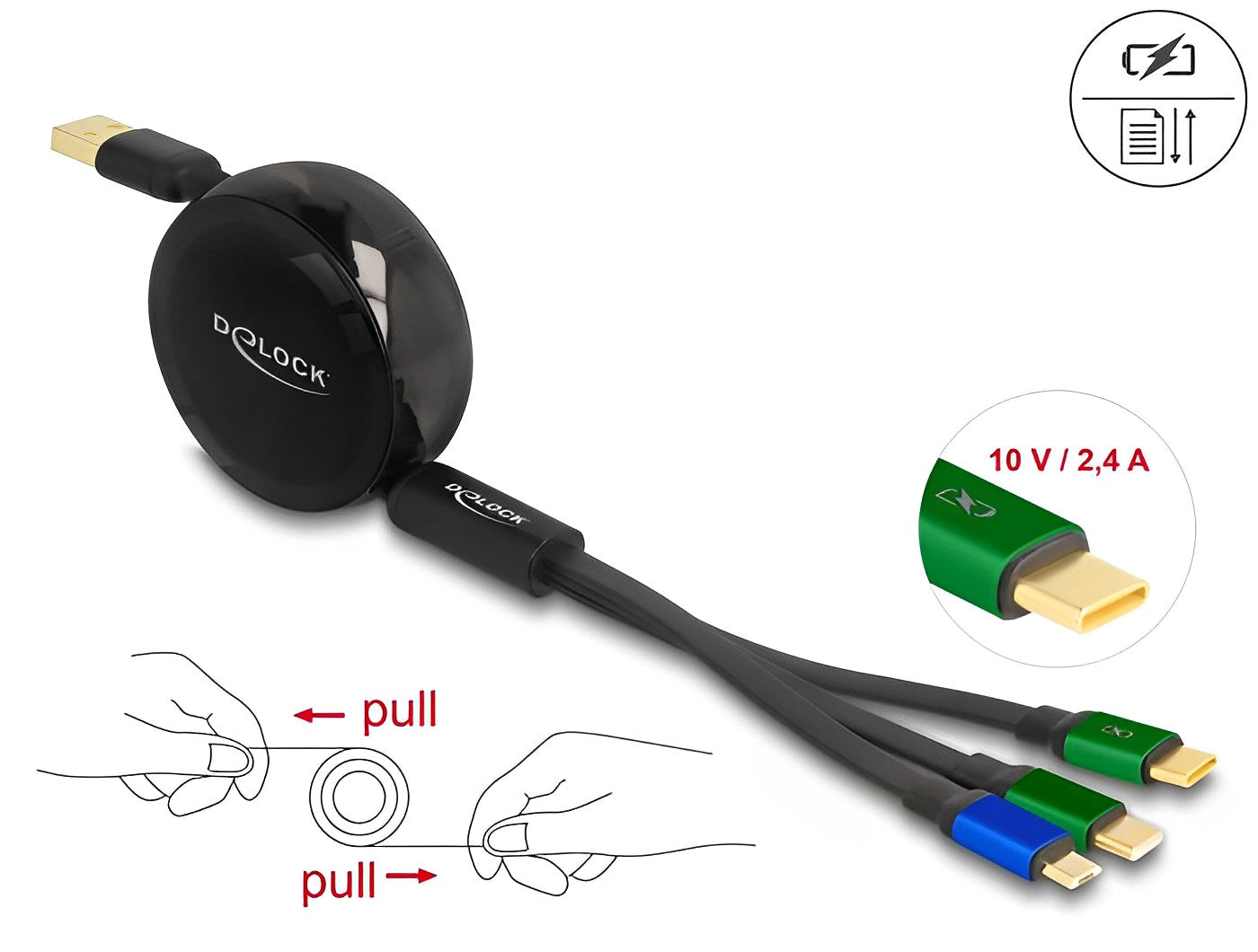 כבל טעינה ונתונים נמתח תקע USB-A לתקע מיקרו USB-C x 2 + USB - delock.israel