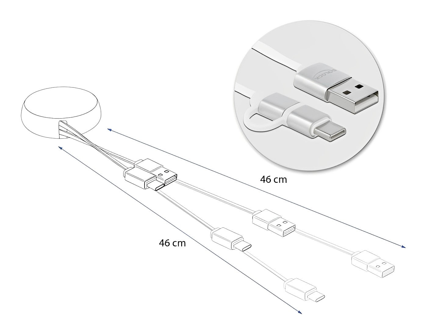 כבל טעינה ונתונים נמתח תקע USB-A לתקעים USB-C / Micro-B אורך 92 ס"מ - delock.israel