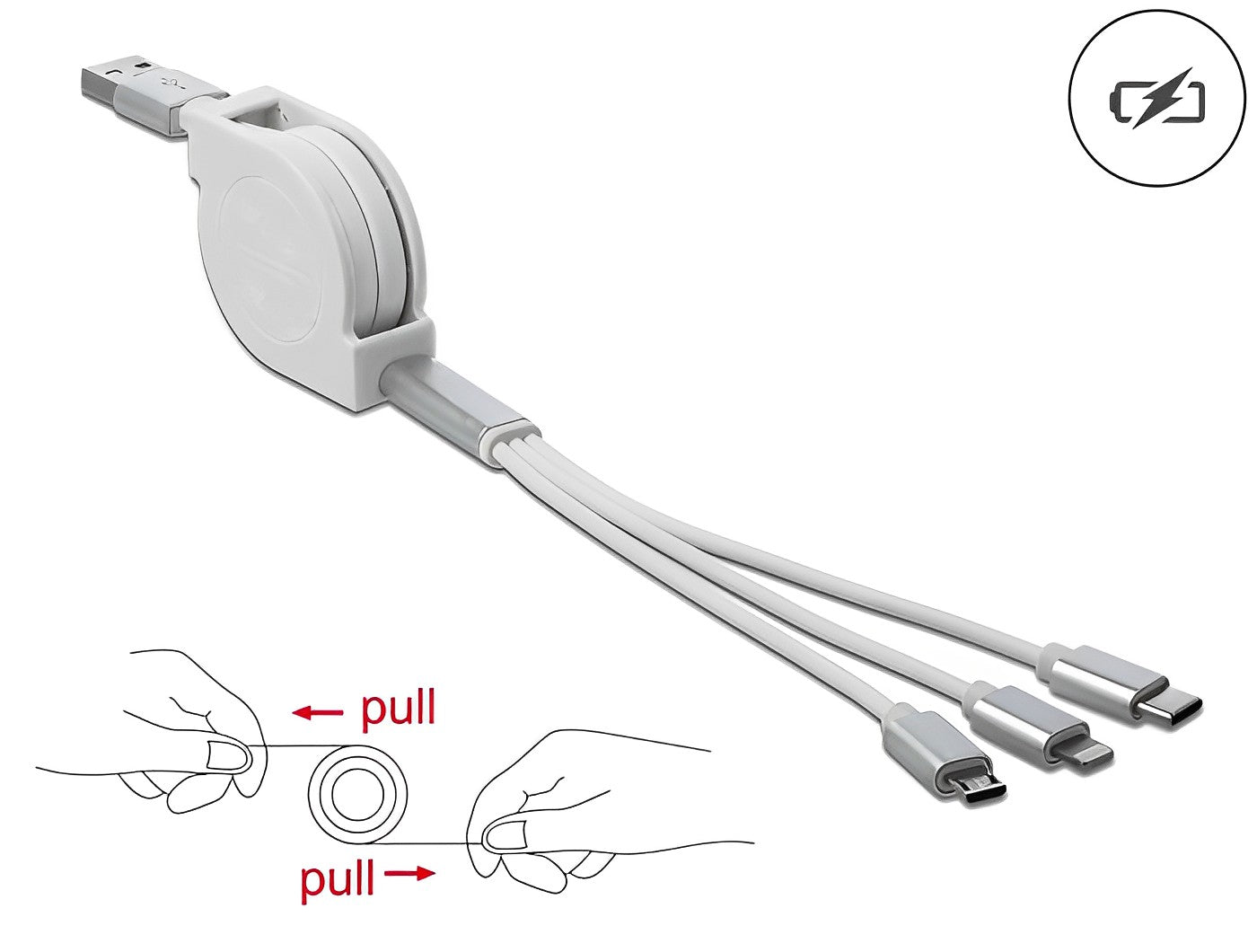 כבל טעינה נמתח תקע USB-A לתקע Lightning + מיקרו USB-C + USB - delock.israel