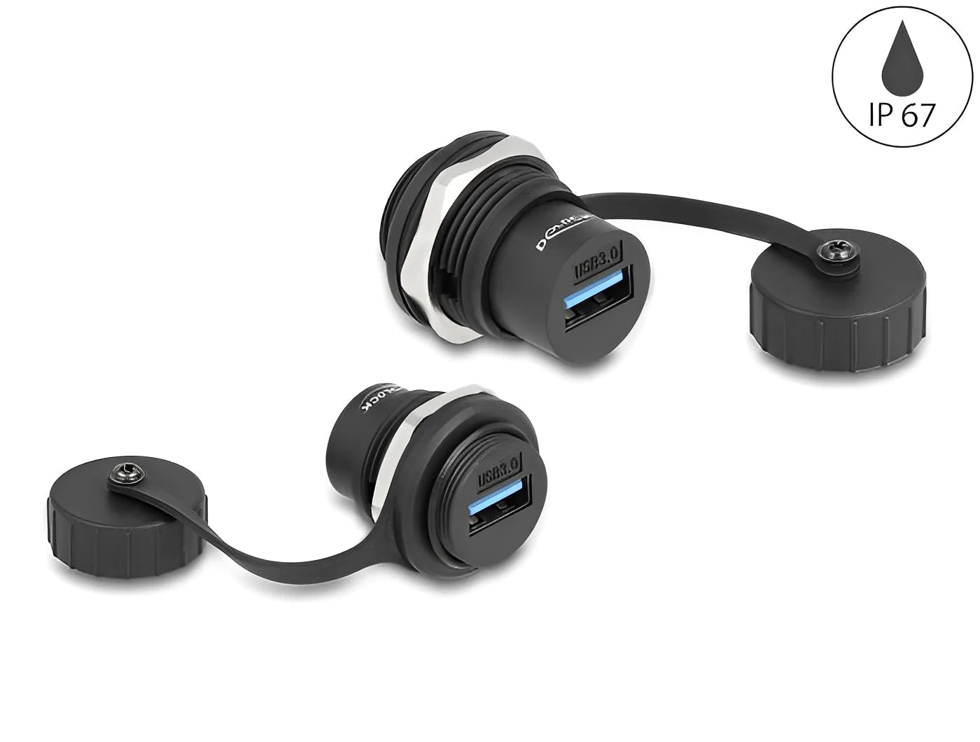 מופה USB-A 3.2 Gen 1 נ/נ עם מכסה מגן מפני אבק ומים IP67 להתקנה בקדח עגול 23.5 מ"מ - delock.israel