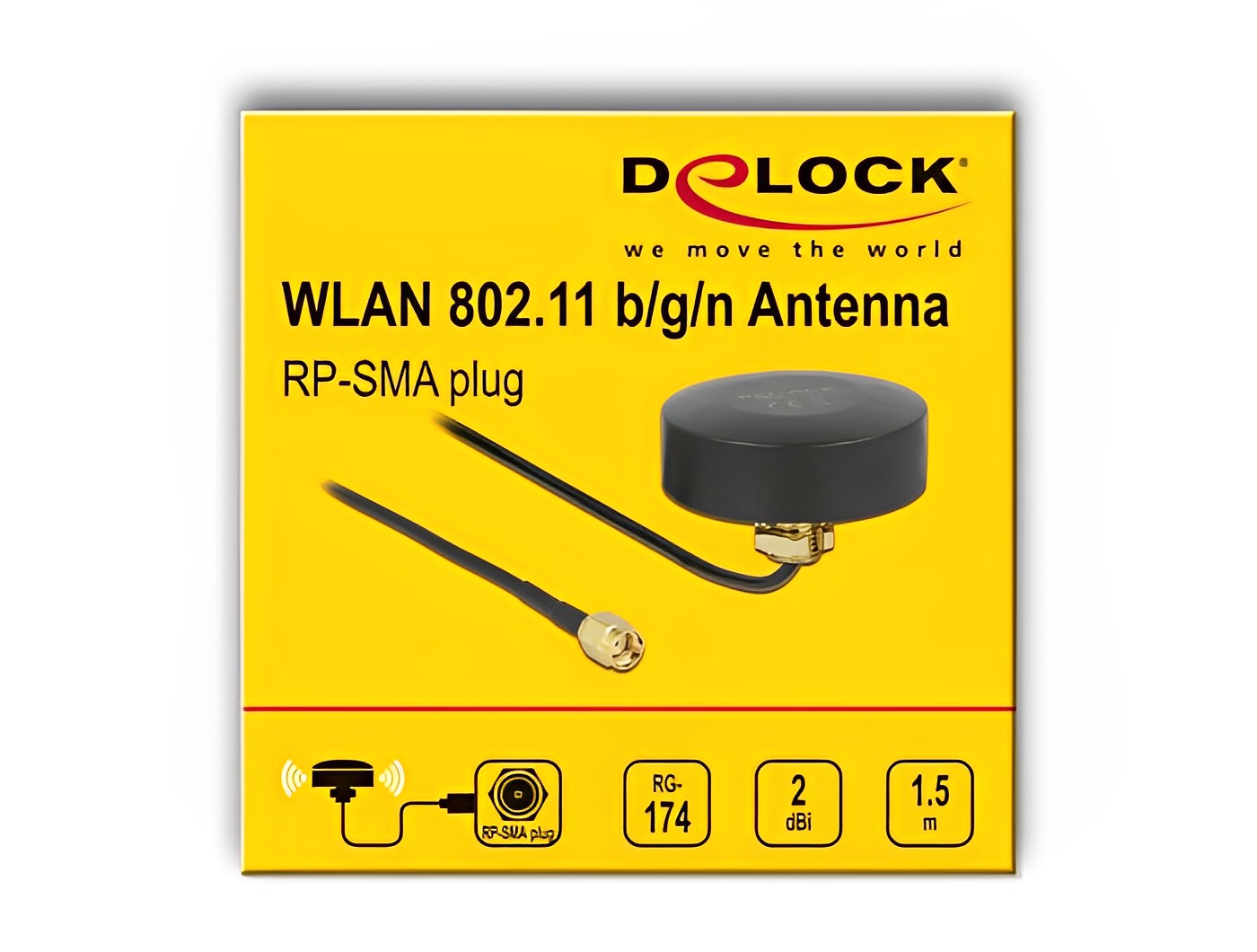 אנטנה כלל כיוונית WLAN 802.11 b/g/n 2 dBi חיצונית עם כבל RG-174 מחבר RP-SMA plug - delock.israel
