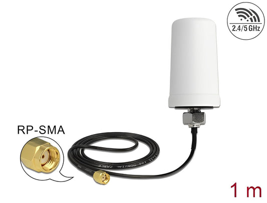 אנטנה כלל כיוונית WLAN 802.11 ac/a/h/b/g/n 1.4 - 3.0 dBi חיצונית IP67 עם כבל ULA100 מחבר RP-SMA plug - delock.israel