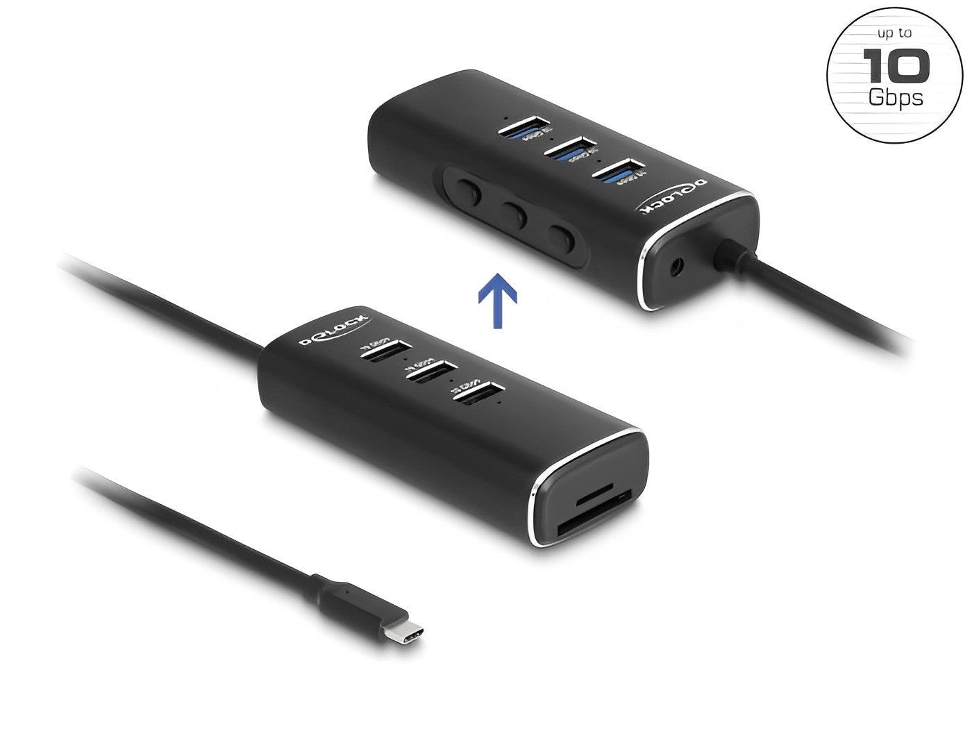 מפצל USB-C 10Gbps אקטיבי עם 3 יציאות USB-A + קורא כרטיסים - delock.israel