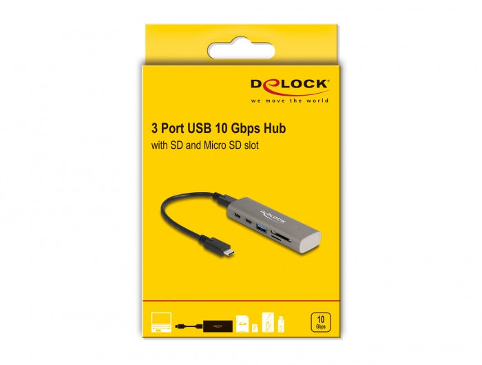 מפצל USB-C 10Gbps עם 3 יציאות USB-A/C + קורא כרטיסים - delock.israel