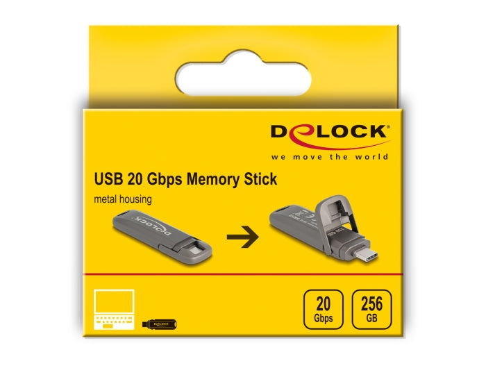 זיכרון נייד USB-C מבית Delock גרמניה מיועד לאחסון והעברת נתונים ומציע מהירויות קריאה יוצאות דופן של 1980MB/s ונפח אחסון גדול של 256GB