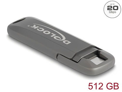 זיכרון נייד USB-C מבית Delock גרמניה מיועד לאחסון והעברת נתונים ומציע מהירויות קריאה יוצאות דופן של 1980MB/s ונפח אחסון גדול של 512GB