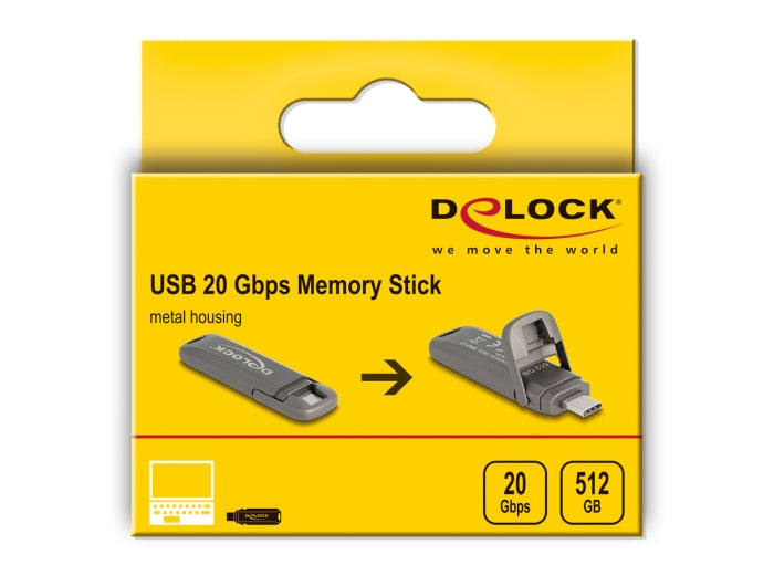 זיכרון נייד USB-C מבית Delock גרמניה מיועד לאחסון והעברת נתונים ומציע מהירויות קריאה יוצאות דופן של 1980MB/s ונפח אחסון גדול של 512GB