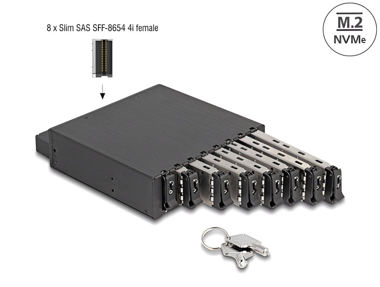 מגירה נשלפת המהירה לכונני M.2 NMVe SSD מבית Delock גרמניה זה פתרון חומרה ייעודי להסבה של מפרץ כוננים בגודל 5.25 אינץ' למערך אחסון נשלף, מוגן ומבוסס על עד 8 כונני M.2 NVMe SSD במקביל