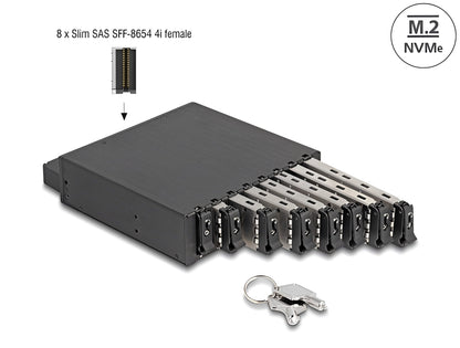 מגירה נשלפת המהירה לכונני M.2 NMVe SSD מבית Delock גרמניה זה פתרון חומרה ייעודי להסבה של מפרץ כוננים בגודל 5.25 אינץ' למערך אחסון נשלף, מוגן ומבוסס על עד 8 כונני M.2 NVMe SSD במקביל