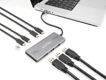 רכזת USB-C 10Gbps האיכותית מבית Delock גרמניה מיועדת לחיבור למחשב נייד או שולחני, ומרחיבה את אפשרויות החיבור עם 3 יציאות USB-A ו-4 יציאות USB-C