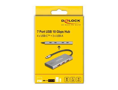רכזת USB-C 10Gbps האיכותית מבית Delock גרמניה מיועדת לחיבור למחשב נייד או שולחני, ומרחיבה את אפשרויות החיבור עם 3 יציאות USB-A ו-4 יציאות USB-C