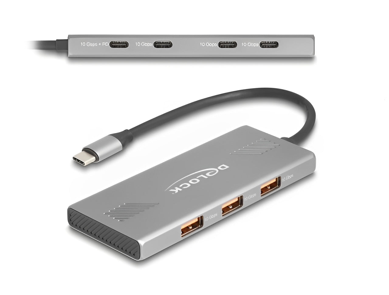 רכזת USB-C 10Gbps האיכותית מבית Delock גרמניה מיועדת לחיבור למחשב נייד או שולחני, ומרחיבה את אפשרויות החיבור עם 3 יציאות USB-A ו-4 יציאות USB-C
