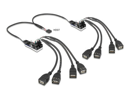 מפצל USB 2.0 מבית Delock גרמניה מתחבר למחבר USB פנימי בלוח האם ומספקת עד שמונה חיבורי USB 2.0 מסוג Type-A