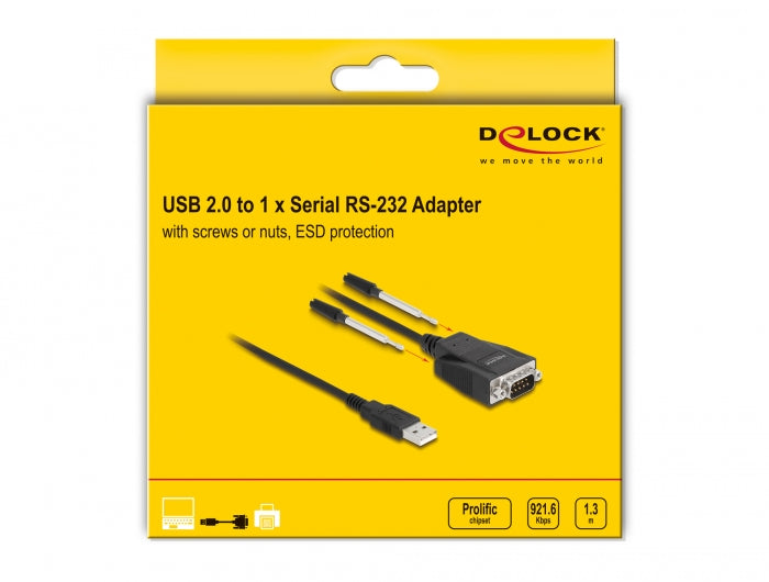 ממיר USB לתקע DB9 Serial RS-232 עם הגנת ESD צ'יפ Prolific אורך 1.3 מטר - delock.israel