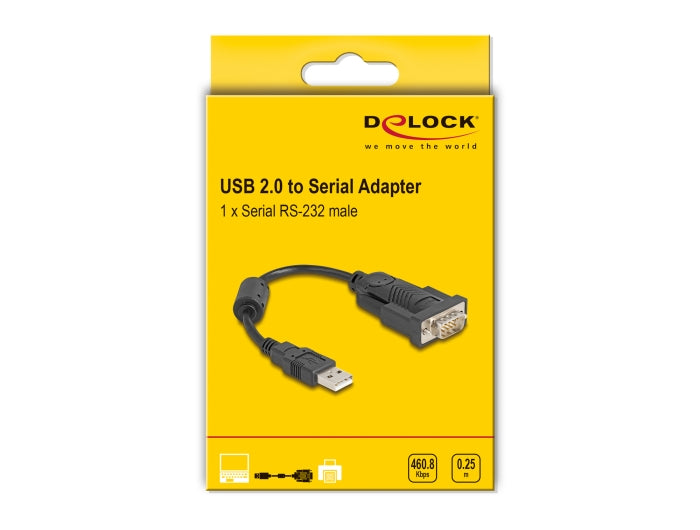 Delock Adapter USB 2.0 Type-A to 1 x Serial RS-232 D-Sub 9 pin male with ferrite core 0.25 m - delock.israel