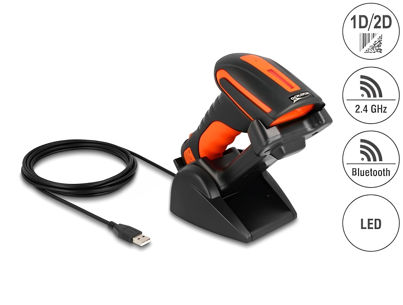 קורא ברקוד תעשייתי אלחוטי Industrial Barcode Scanner 1D/2D Wireless 2.4GHz/Bluetooth עם עמדת טעינה אינדוקטיבית - delock.israel