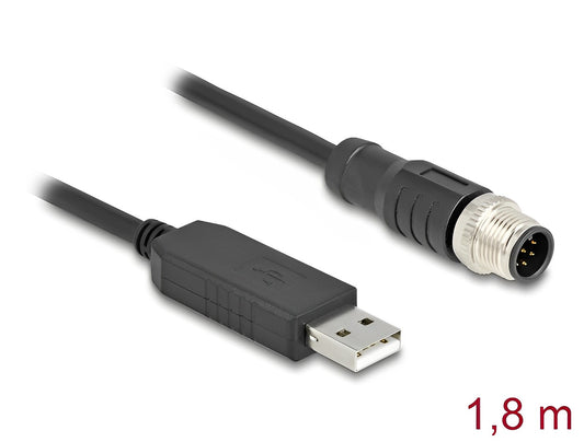 Delock M12 Serial Connection Cable with FTDI chipset, USB 2.0 Type-A male to M12 RS-232 male A-coded 8 pin 1.8 m black - delock.israel
