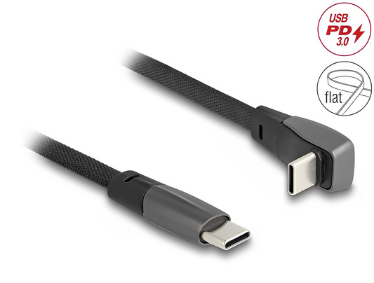 Delock USB 2.0 Flat Ribbon Cable USB Type-C™ male to USB Type-C™ male angled PD 3.0 60 W 14 cm black - delock.israel