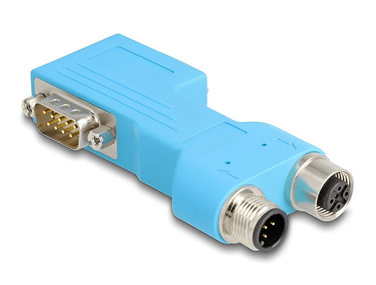 Delock D-Sub 9 male and female to M12 male and female 5 pin A-coded CAN bus splitter 90° blue - delock.israel