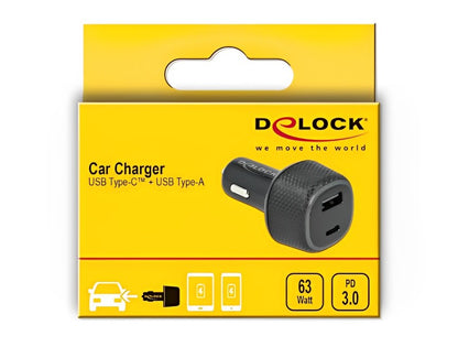 מטען רכב עוצמת מבית Delock גרמניהי עם חיבורים מסוג USB-C ו-USB-A, מתאים לטעינה של מגוון מכשירים - delock.israel