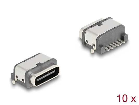 Delock USB 5 Gbps USB Type-C™ female 6 pin SMD connector with two metal tabs for solder mounting waterproof 10 pieces - delock.israel