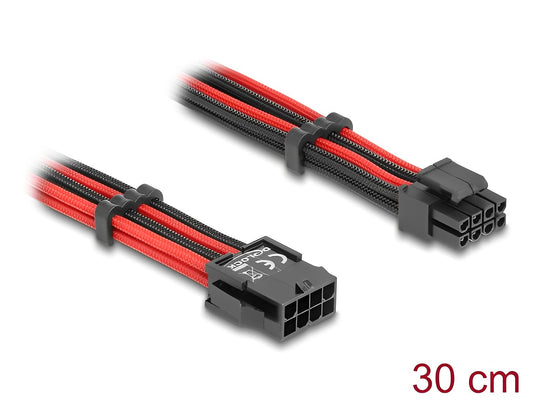 Delock Extension Cable 8 pin EPS male to 4 + 4 pin EPS female textile shielding red-black 30 cm - delock.israel