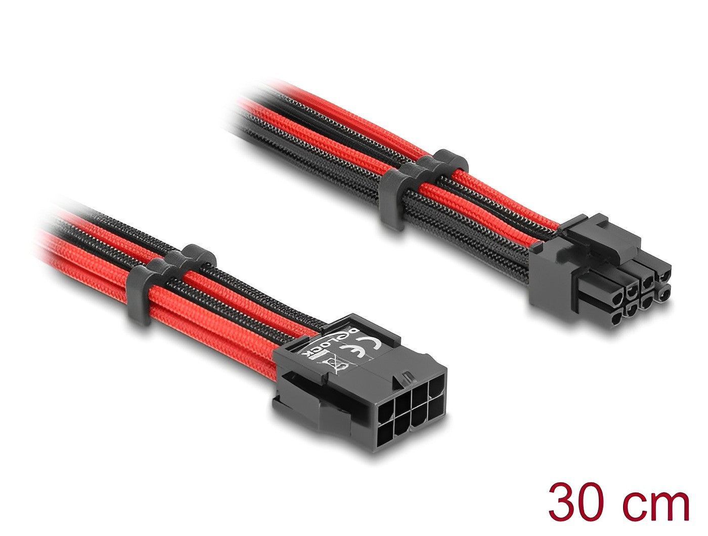 Delock Extension Cable 8 pin male to 6 + 2 pin PCIe female textile shielding red-black 30 cm - delock.israel