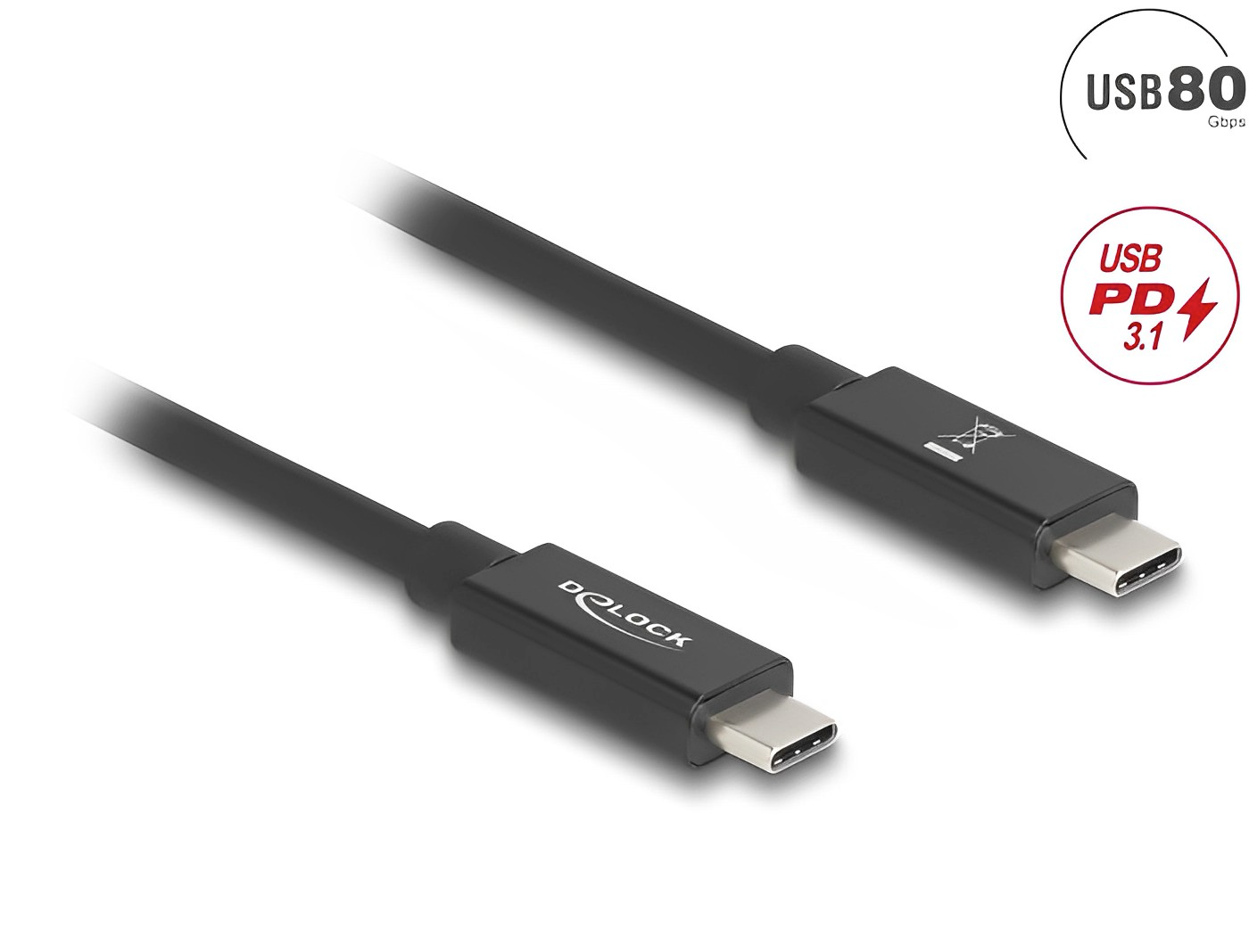 Delock USB 80 Gbps Cable USB Type-C™ male to male 16K 60 Hz PD 3.1 240 W E-Marker coaxial black - delock.israel