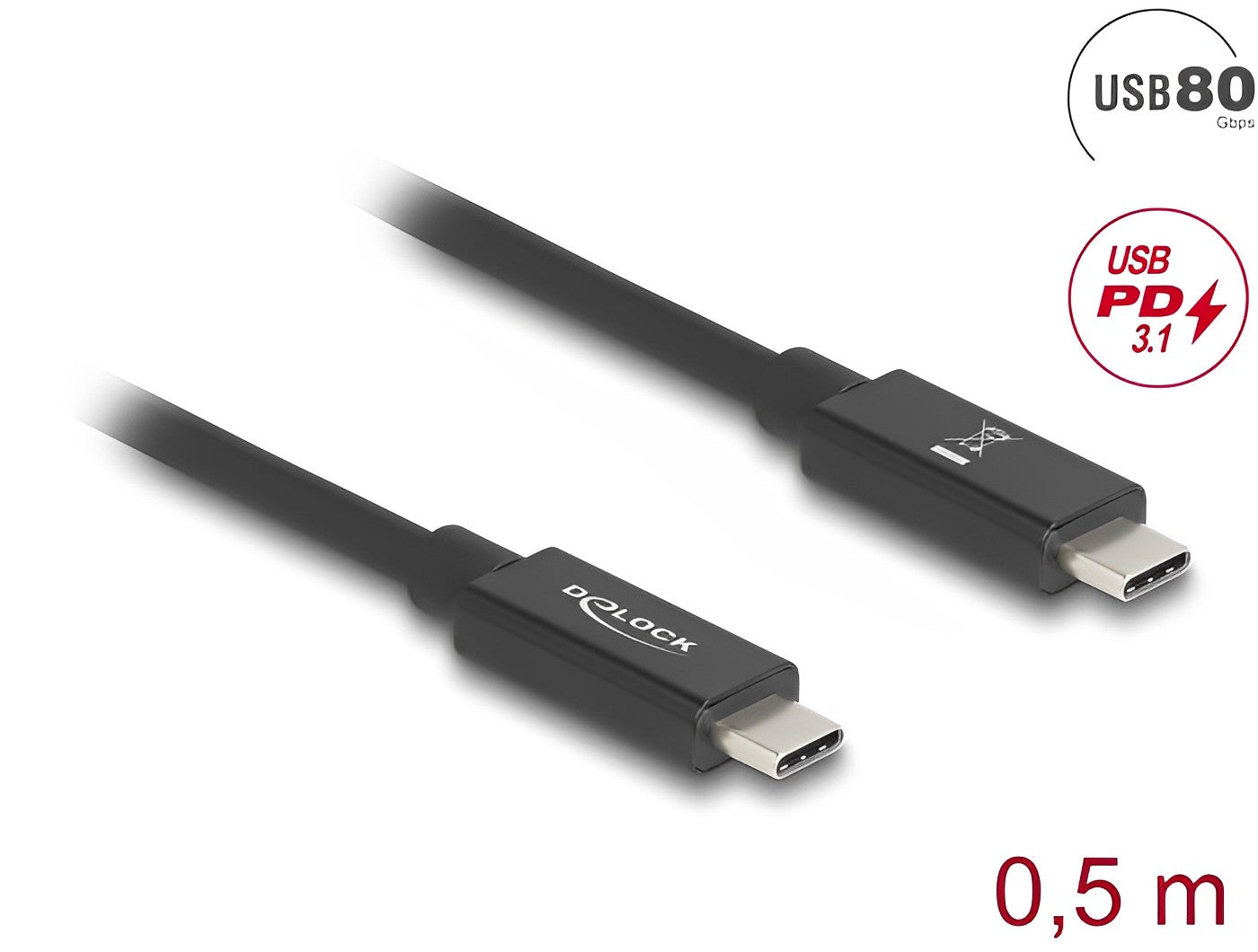 Delock USB 80 Gbps Cable USB Type-C™ male to male 16K 60 Hz PD 3.1 240 W E-Marker coaxial 0.5 m black - delock.israel