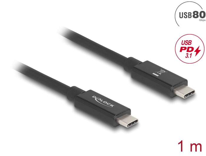 Delock USB 80 Gbps Cable USB Type-C™ male to male 16K 60 Hz PD 3.1 240 W E-Marker coaxial 1 m black - delock.israel