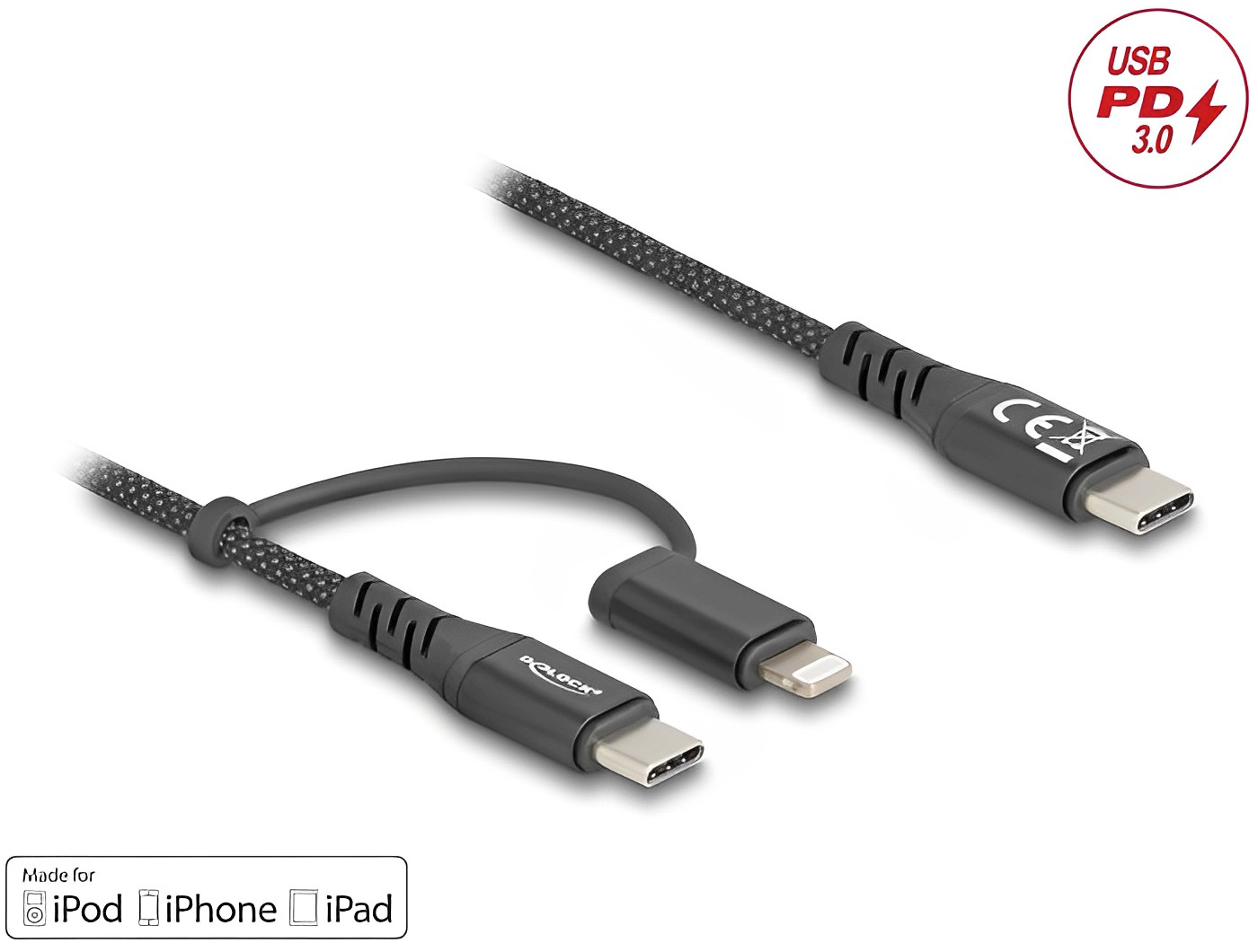 Delock USB Cable 2 in 1 USB Type-C™ to USB Type-C™ / Lightning™ for iPhone™ and iPad™ MFi 60 W - delock.israel