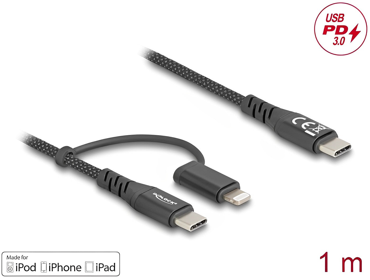 Delock USB Cable 2 in 1 USB Type-C™ to USB Type-C™ / Lightning™ for iPhone™ and iPad™ 1 m MFi 60 W - delock.israel