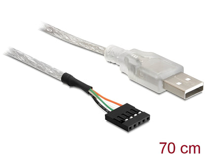 כבל USB 2.0 מבית Delock גרמניה מאפשר חיבור התקן עם ממשק USB למחבר פנימי (pin header) בלוח האם בתצורת 5 פינים ובמרווח של 2.54 מ"מ