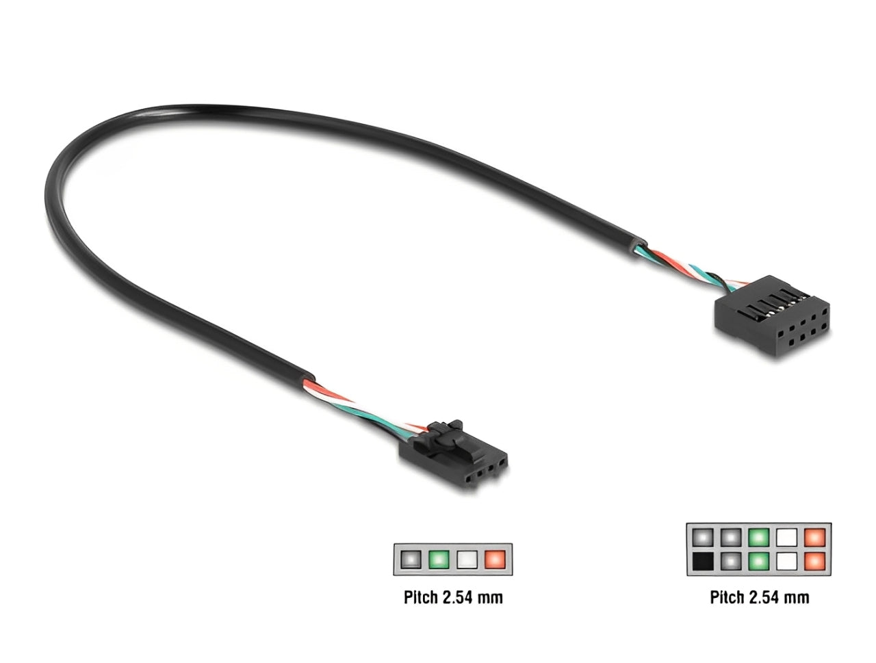 כבל USB 2.0 מבית Delock גרמניה מאפשר חיבור בין שני מחברי USB 2.0 פנימיים מסוג pin header בתצורת 10 ו-4 פינים ובמרווח של 2.54 מ"מ