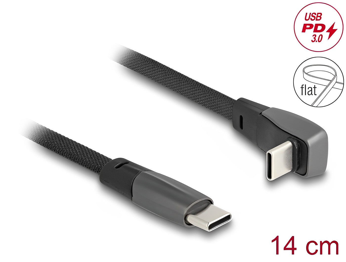 Delock USB 2.0 Flat Ribbon Cable USB Type-C™ male to USB Type-C™ male angled PD 3.0 60 W 14 cm black - delock.israel
