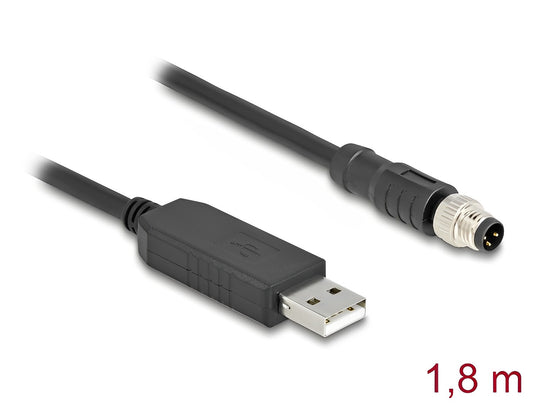Delock M8 Serial Connection Cable with FTDI chipset, USB 2.0 Type-A male to M8 RS-232 male A-coded 3 pin 1.8 m black - delock.israel