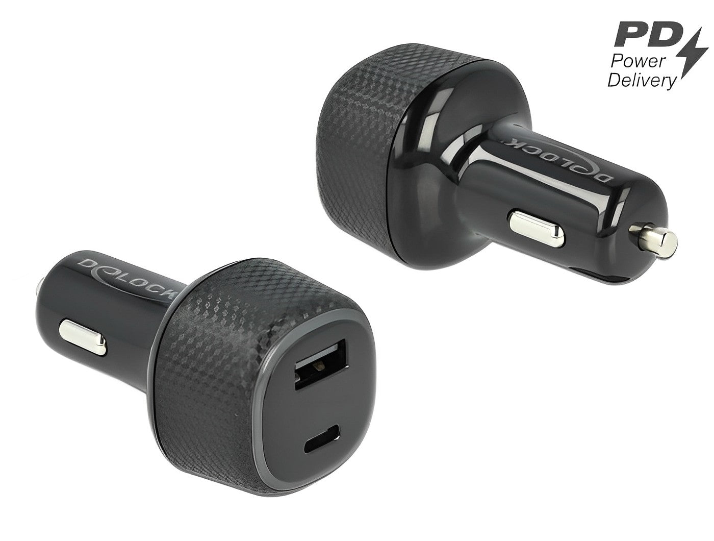 מטען רכב עוצמת מבית Delock גרמניהי עם חיבורים מסוג USB-C ו-USB-A, מתאים לטעינה של מגוון מכשירים - delock.israel