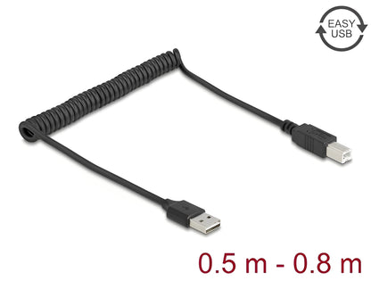 כבל מסולסל EASY-USB 2.0 מבית Delock גרמניה מאפשר חיבור בין מכשיר עם מחבר USB-B למחשב אישי או נייד עם חיבור USB-A פנוי - delock.israel