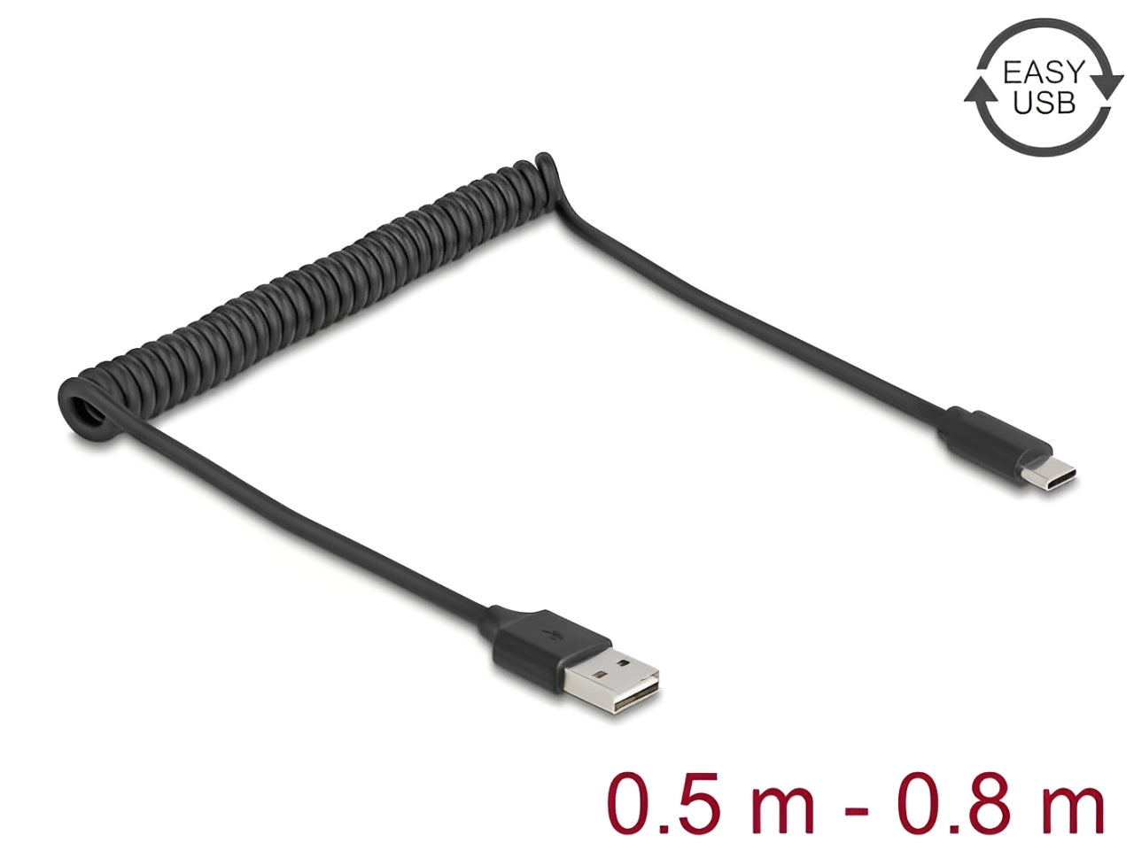 כבל מסולסל EASY-USB 2.0 מבית Delock גרמניה מאפשר חיבור בין מכשיר עם מחבר USB-C למחשב אישי או נייד עם חיבור USB-A פנוי - delock.israel