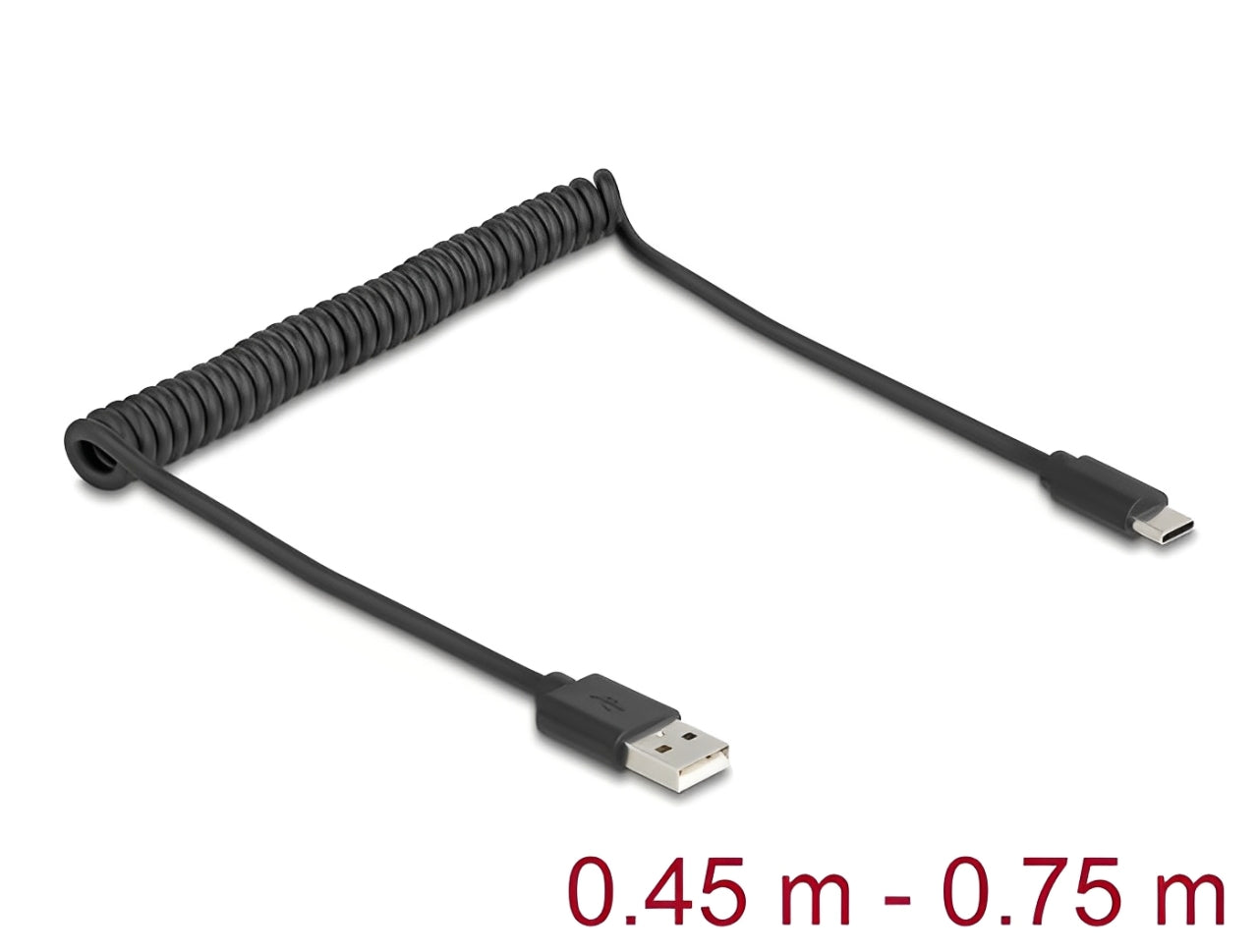 כבל מסולסל USB 2.0 מבית Delock גרמניה מאפשר חיבור בין מכשיר עם מחבר USB-C למחשב אישי או נייד עם חיבור USB-A פנוי - delock.israel