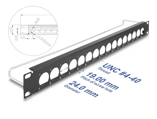 Delock 19″ D-Type Patch Panel with strain relief 16 port 1U black - delock.israel