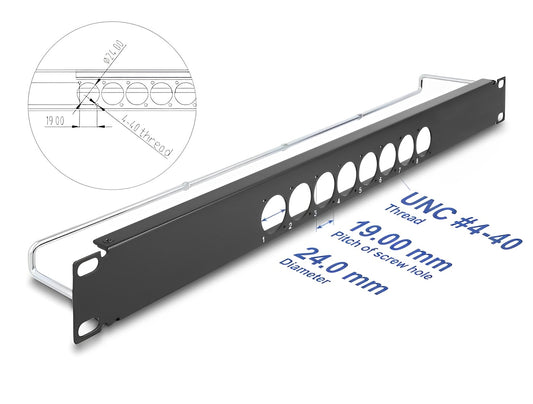 Delock 19″ D-Type Patch Panel with strain relief central 8 port 1U black - delock.israel