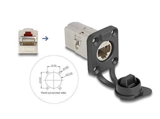 Delock D-Type RJ45 built-in connector / coupler Cat.6A STP with protective cap IP66 dust and waterproof - delock.israel