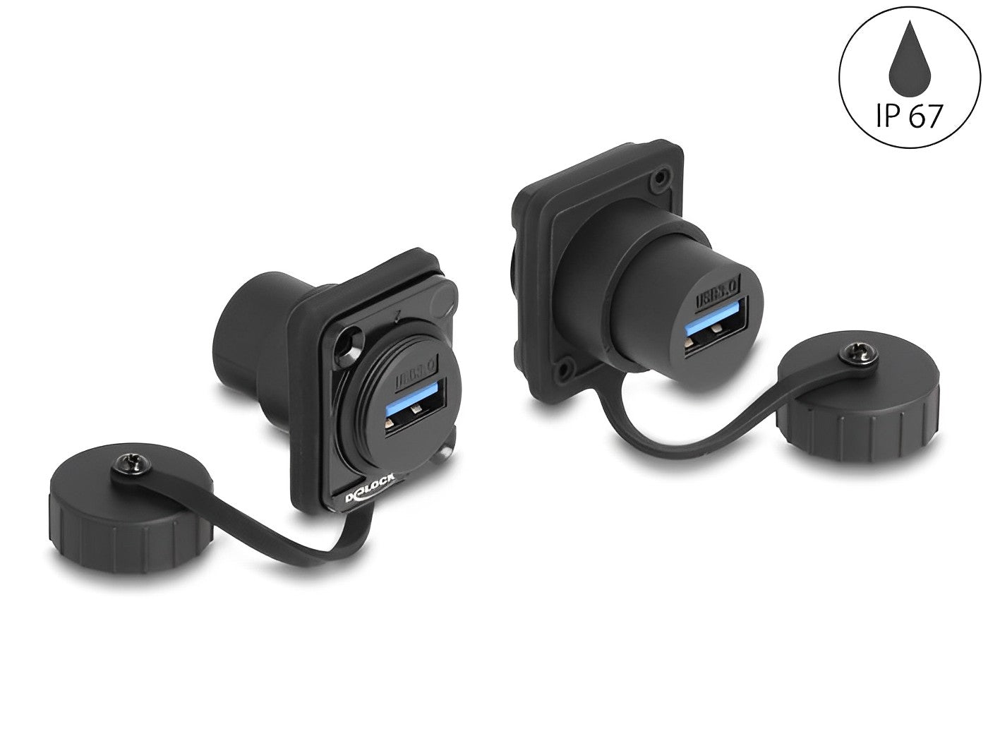 מחבר USB-A 3.2 5Gbps נ/נ עם מכסה מגן מפני אבק ומים IP67 להתקנה בפאנל מסדרה D - delock.israel