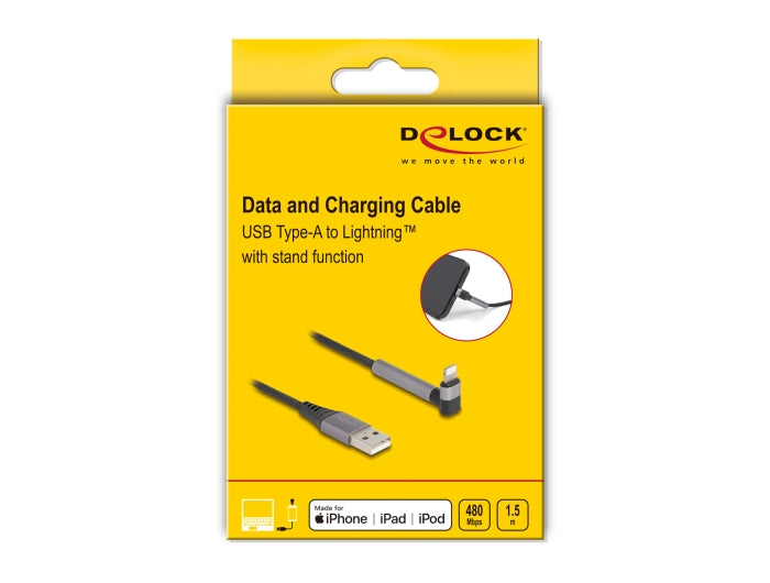 Delock Data and Charging Cable USB Type-A to Lightning™ for iPhone™, iPad™, iPod™ angled with stand function black 1.5 m MFi - delock.israel