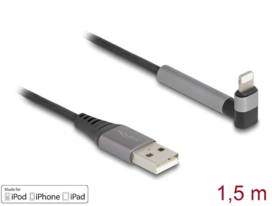 Delock Data and Charging Cable USB Type-A to Lightning™ for iPhone™, iPad™, iPod™ angled with stand function black 1.5 m MFi - delock.israel