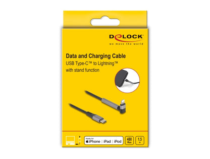 Delock Data and Charging Cable USB Type-C™ to Lightning™ for iPhone™, iPad™, iPod™ angled with stand function black 1.5 m MFi - delock.israel